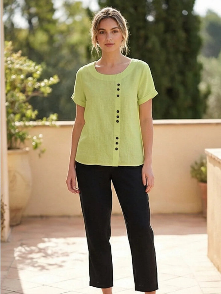 Army green button detail scoop neck top on model