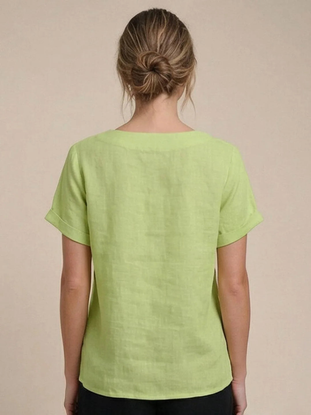 Army green button detail scoop neck top on model