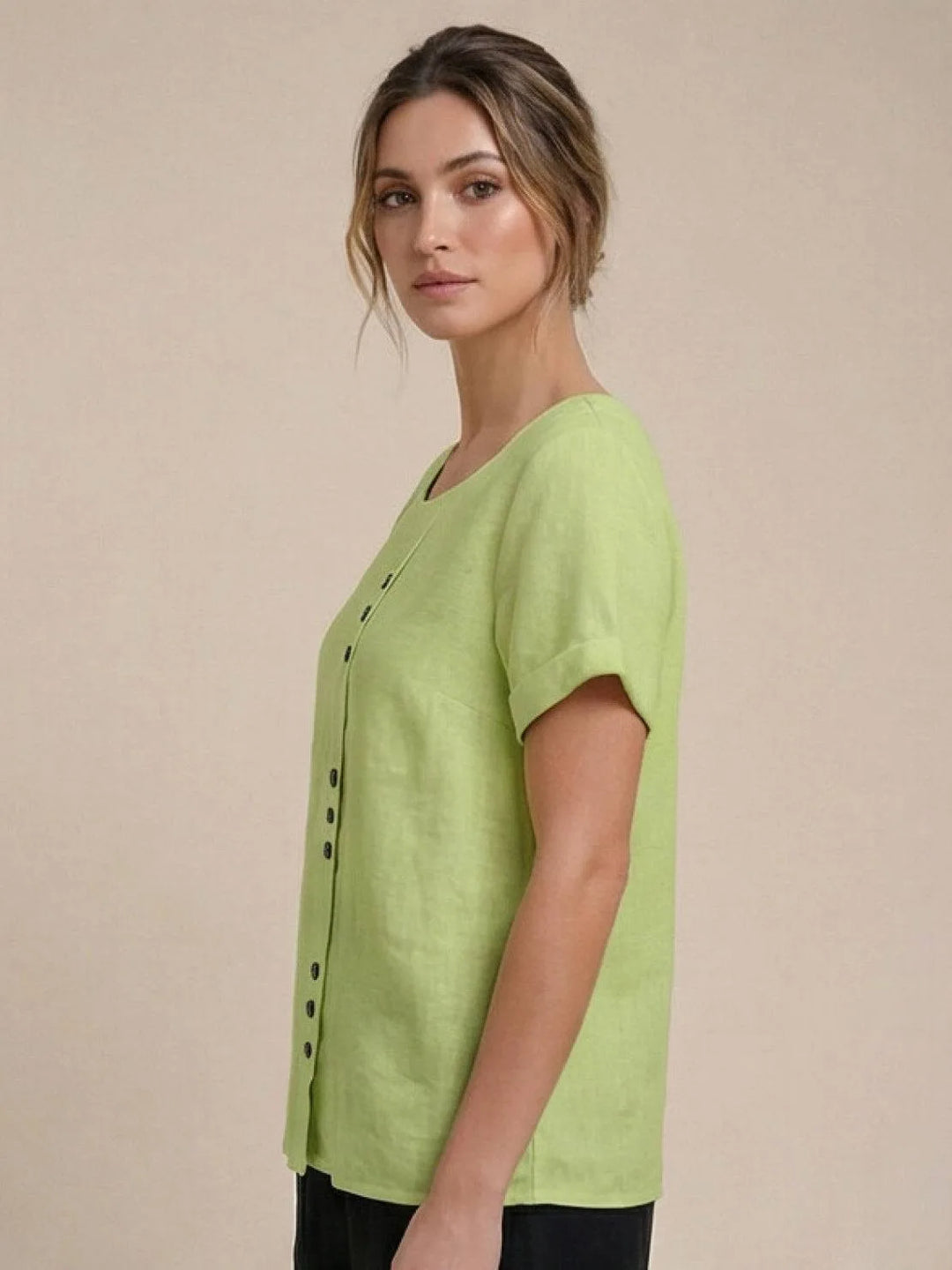 Army green button detail scoop neck top on model