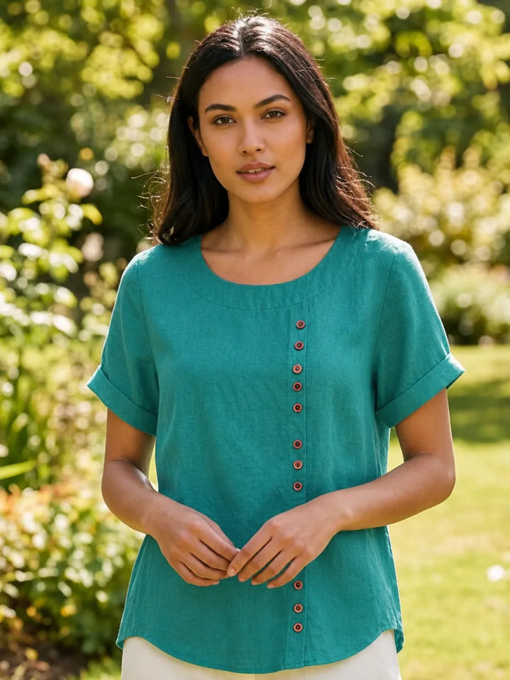 Army green button detail scoop neck top on model