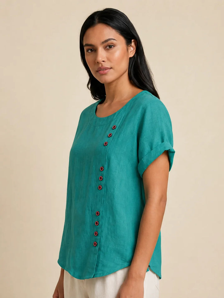Army green button detail scoop neck top on model