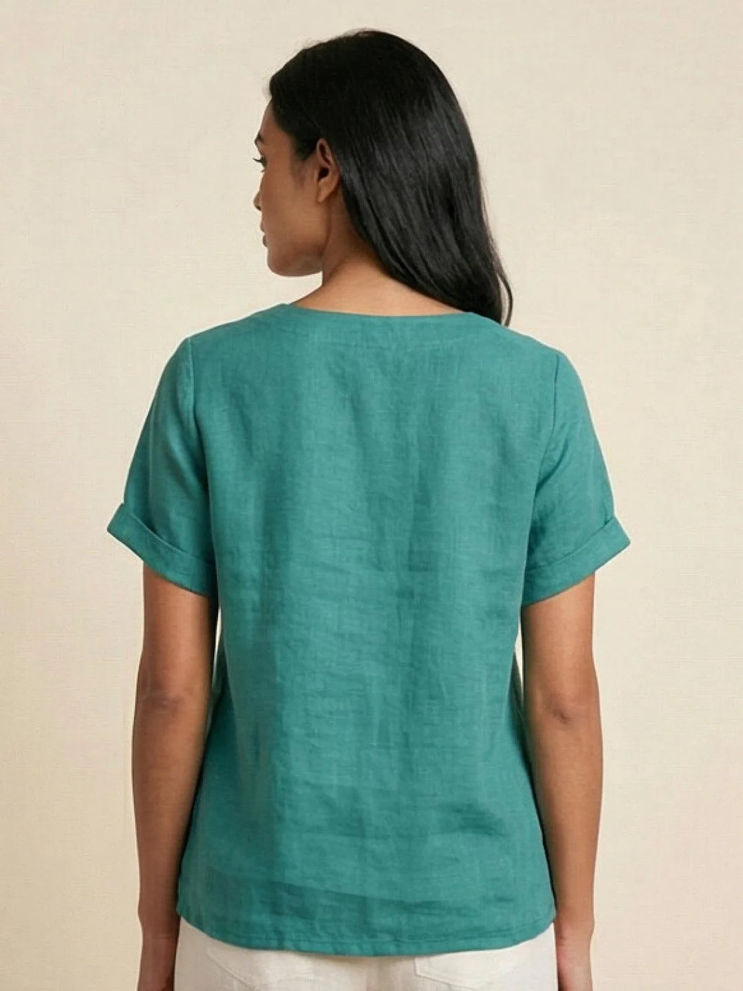 Army green button detail scoop neck top on model