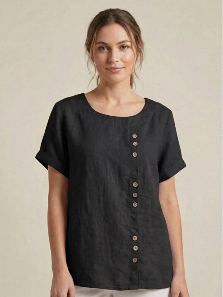 Black button detail scoop neck top on model