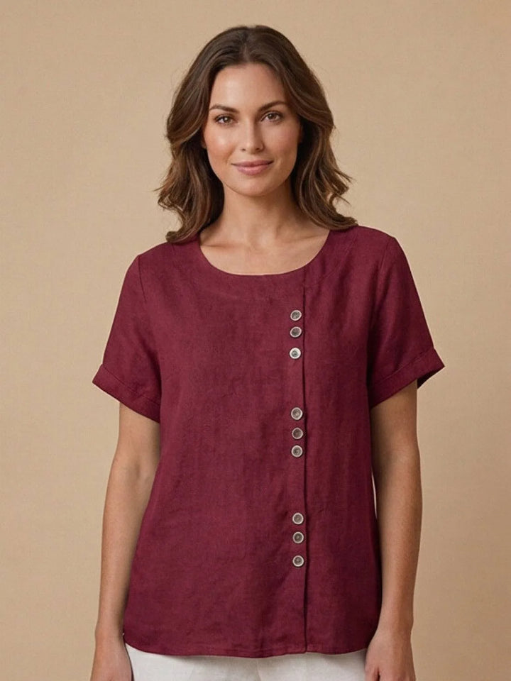 Burgundy button detail scoop neck top on model