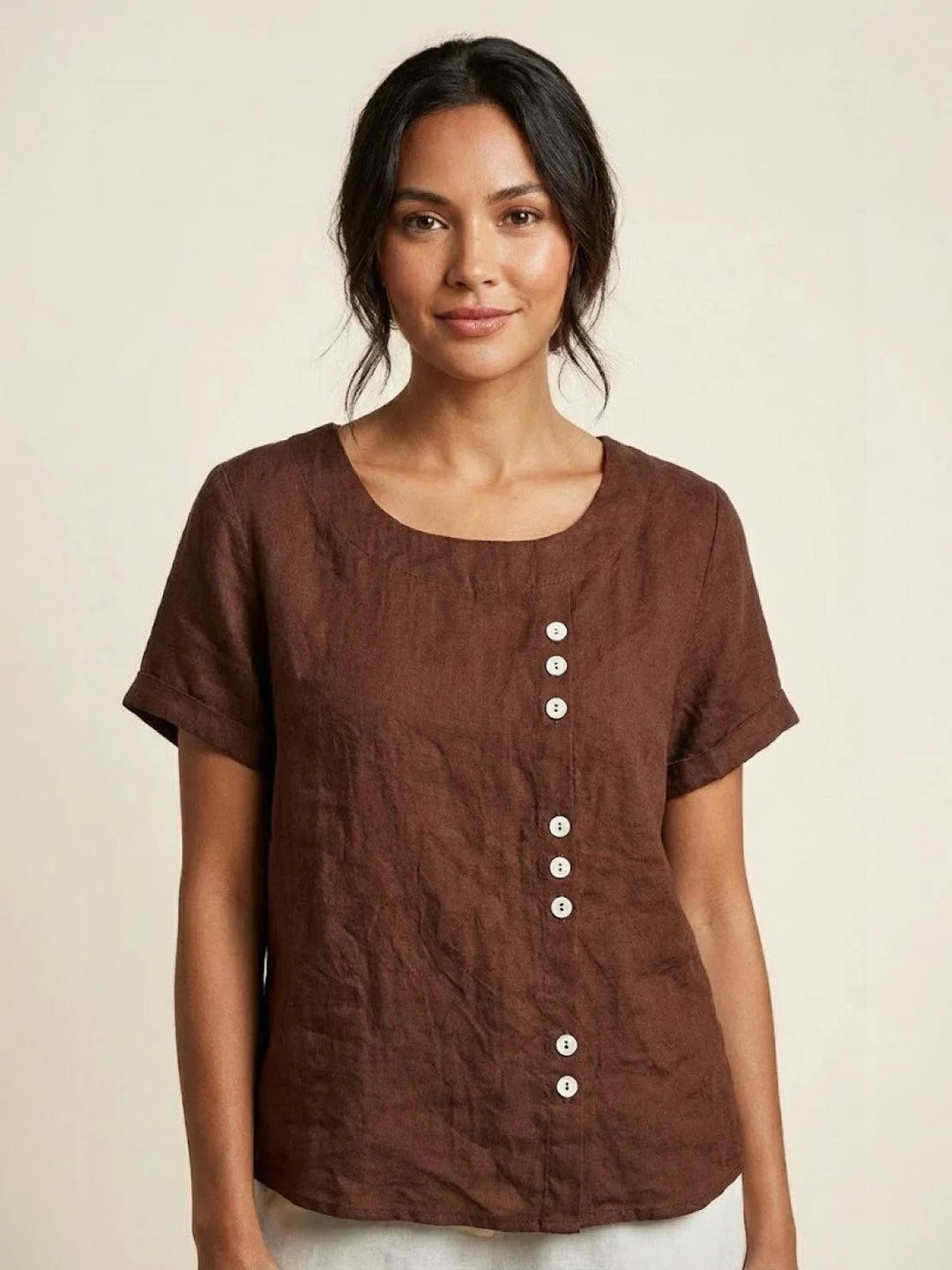 Coffee brown button detail scoop neck top, model shown from the side