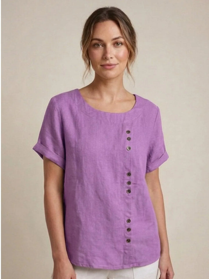 Lavender button detail scoop neck top on model