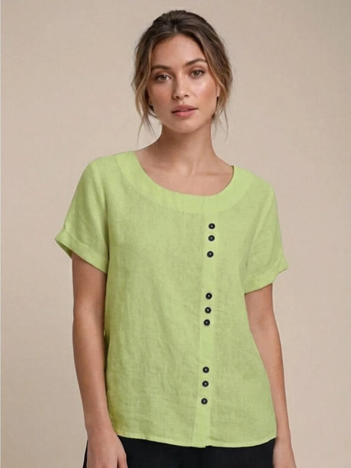 Lime green button detail scoop neck top on model