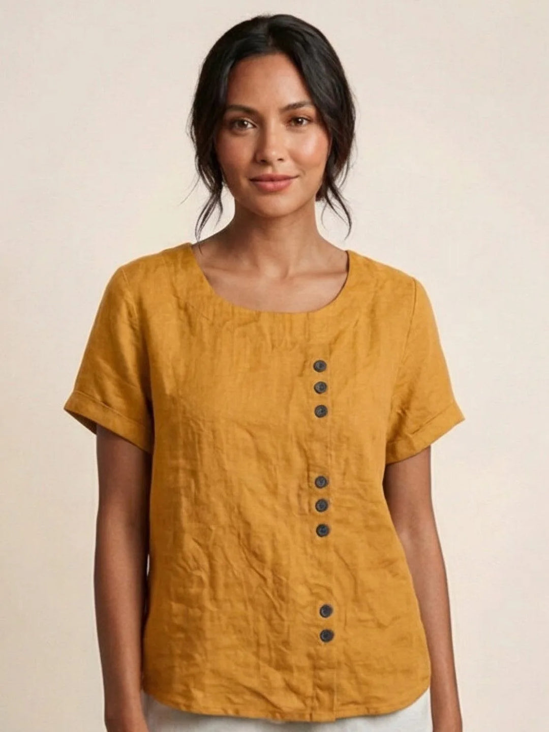 Mustard button detail scoop neck top on model