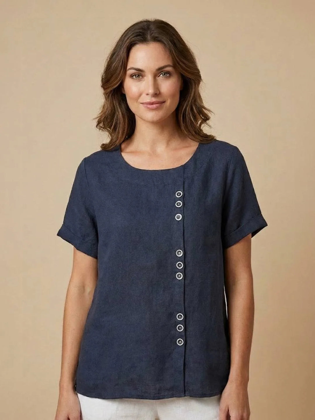Navy blue button detail scoop neck top, close-up of button neckline detail