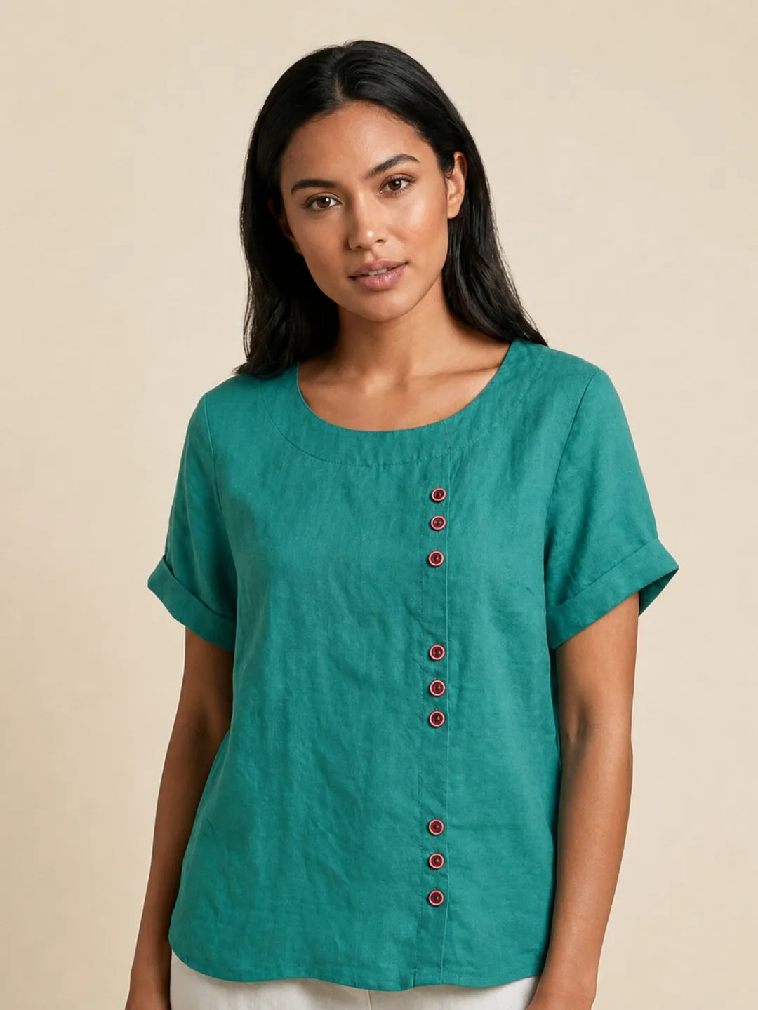 Teal button detail scoop neck top on model