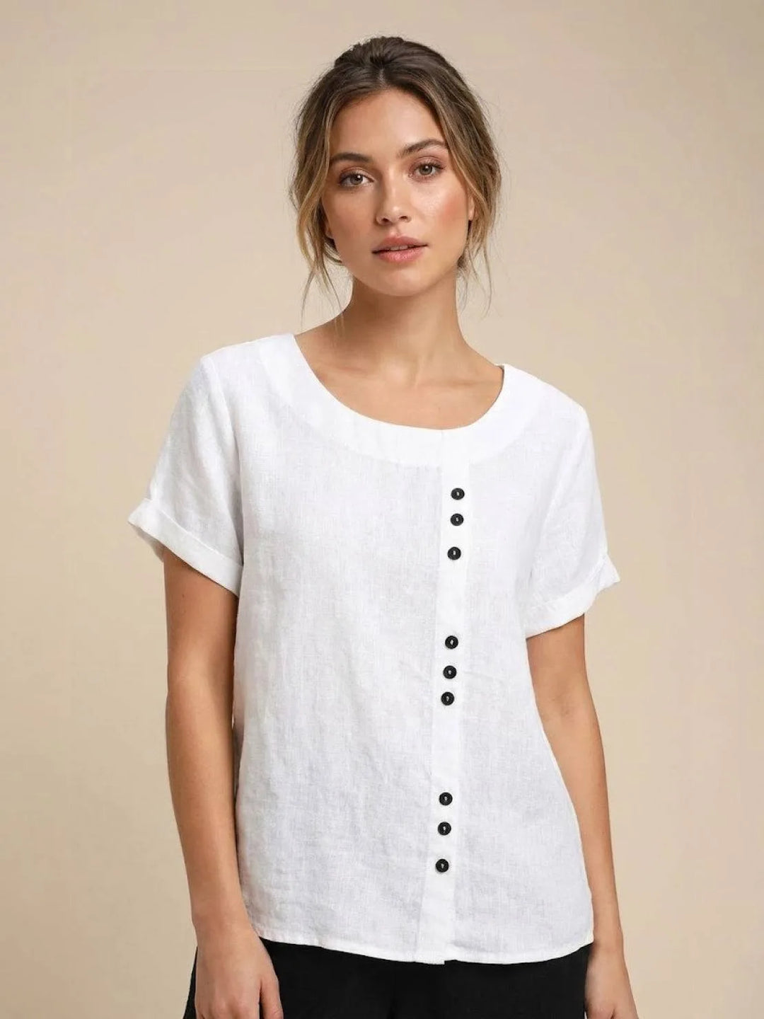 White button detail scoop neck top on model