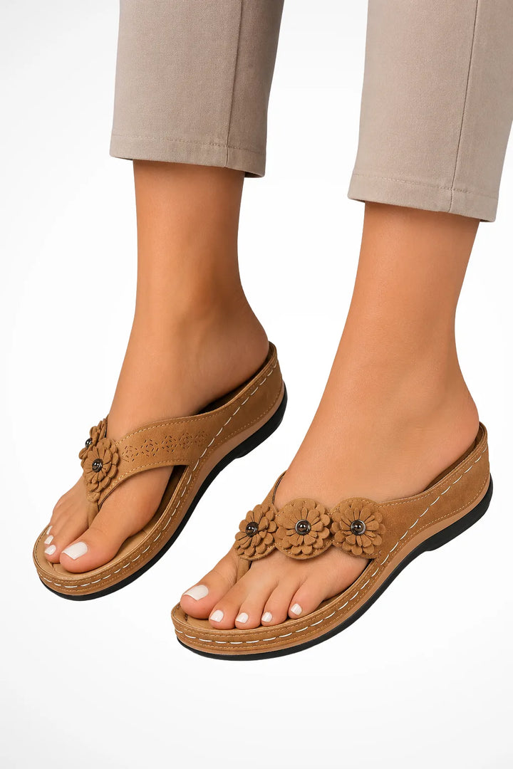 Brown floral wedge thong sandal, front view