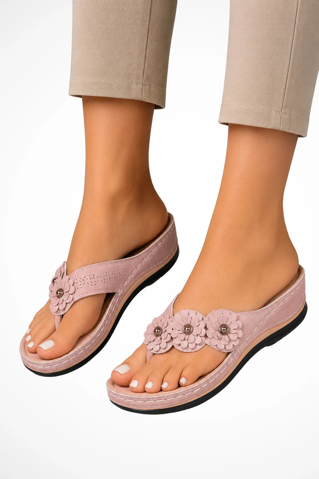 Pink floral wedge thong sandal, front view
