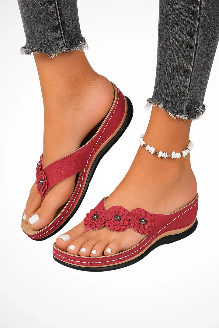 Red floral wedge thong sandal, front view