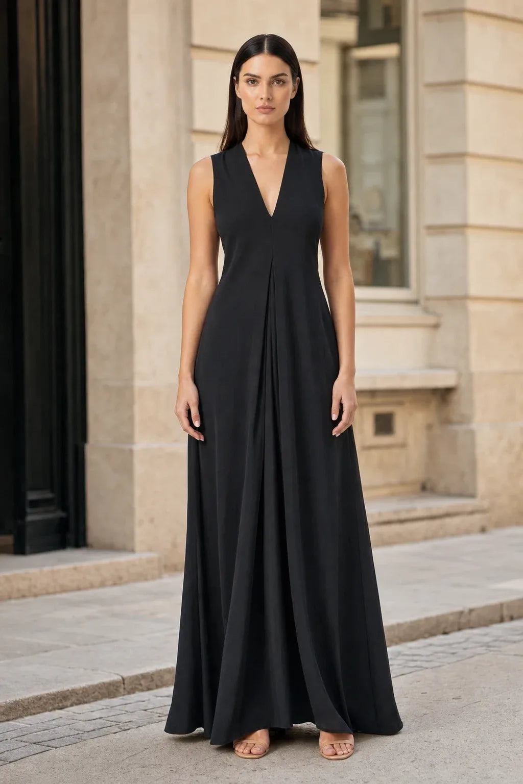 Black pleat-front maxi dress on model in contrapposto stance