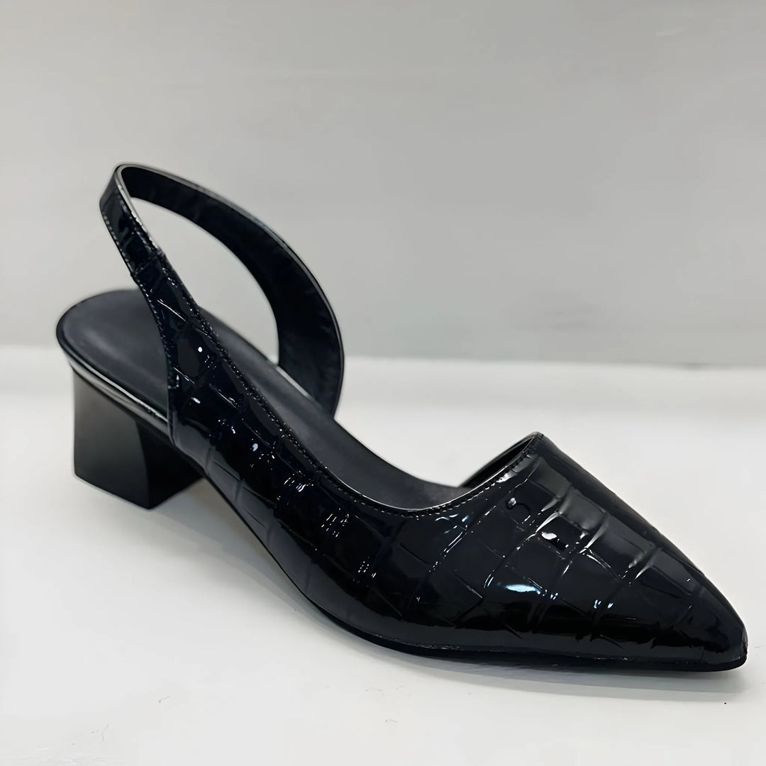 Black croc-embossed slingback pump, heel view