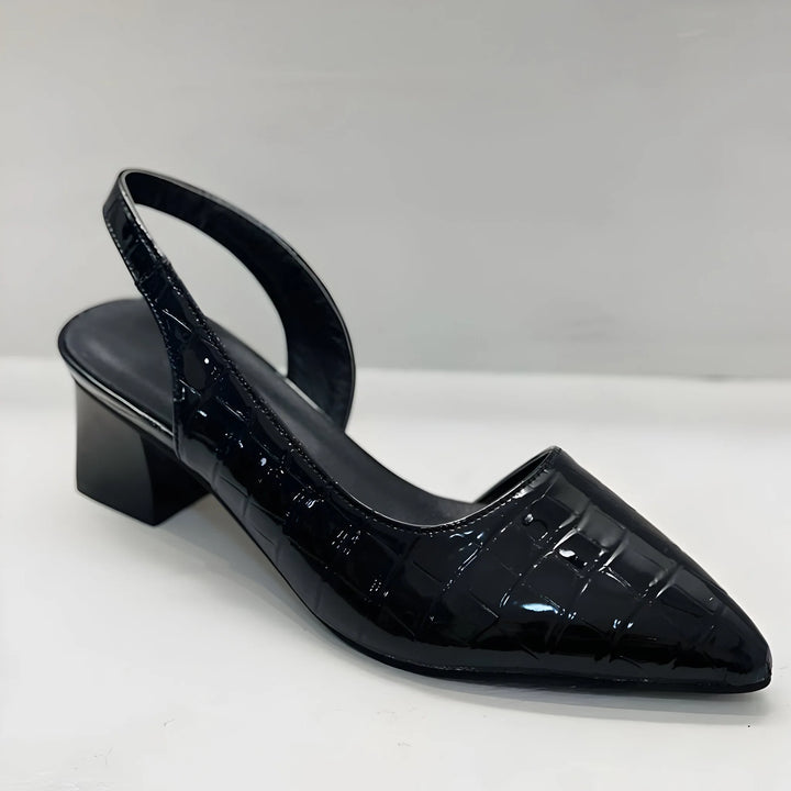 Black croc-embossed slingback pump, heel view