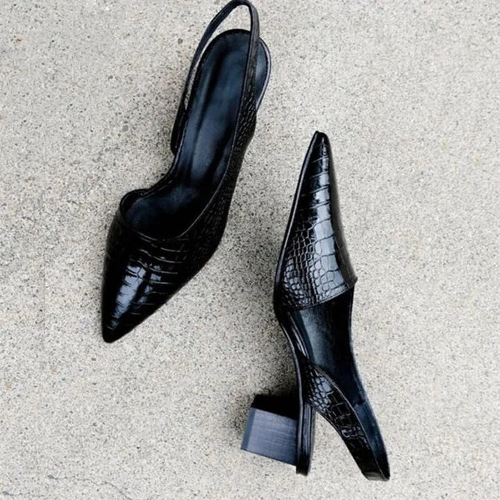 Black croc-embossed slingback pump, three-quarter angle view