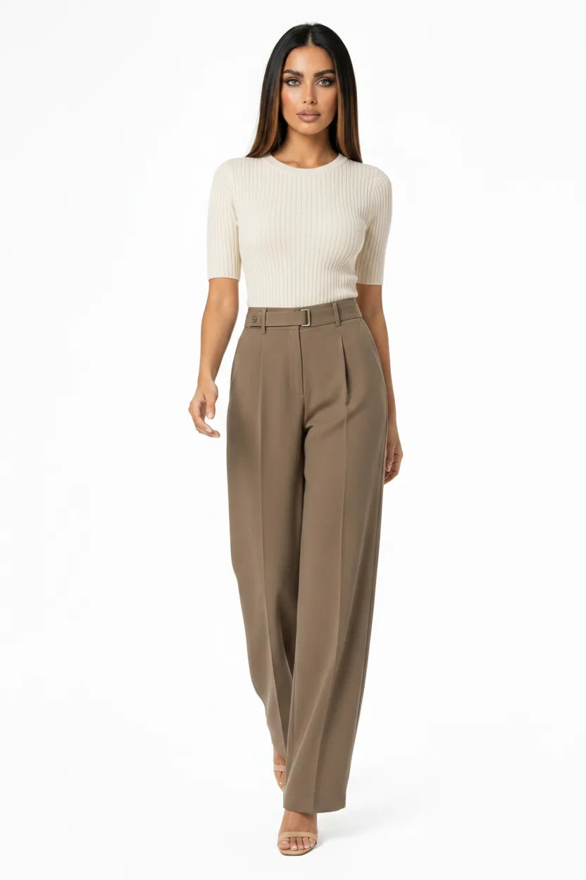 Brown pleated wide-leg trousers on a model in natural movement