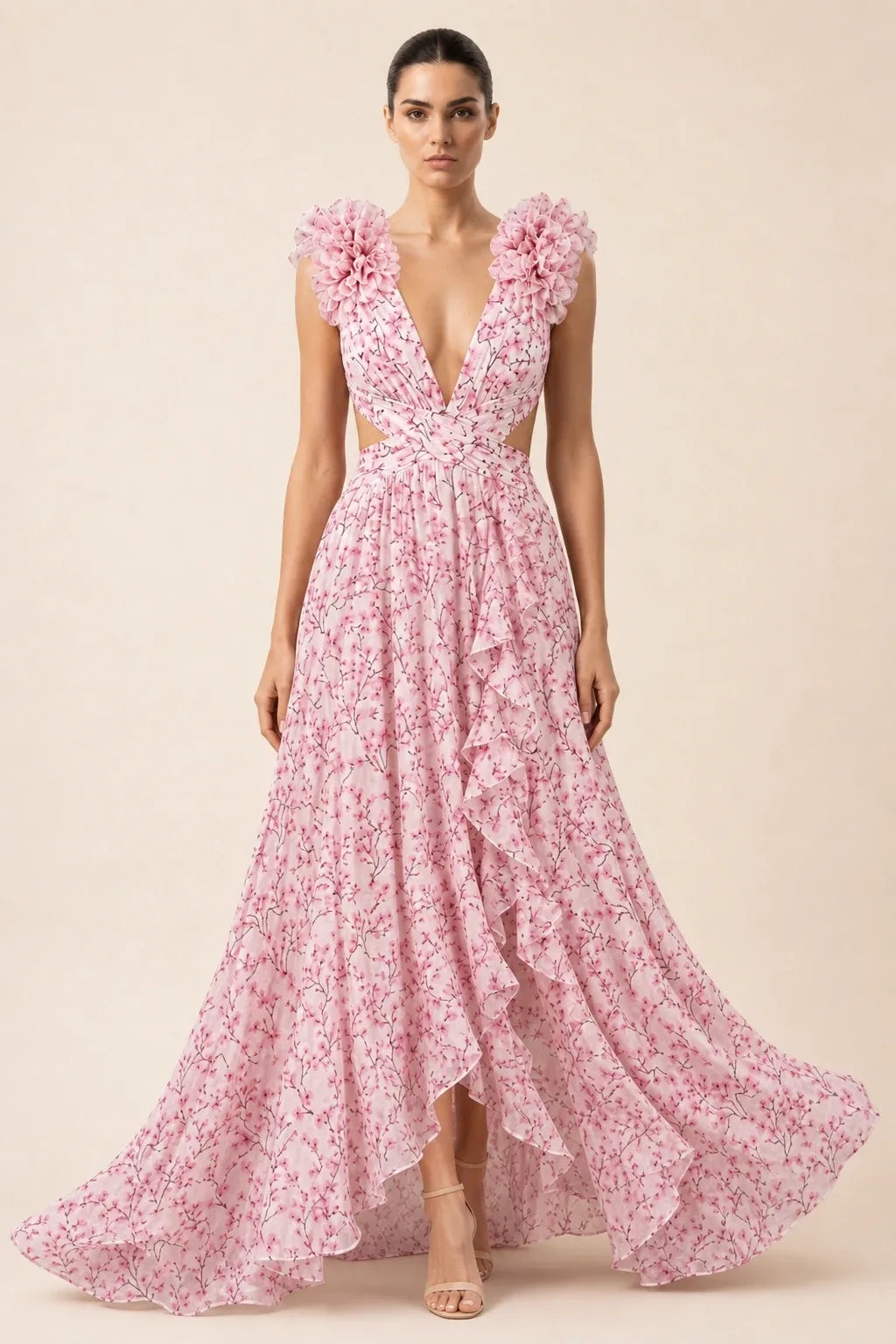 Pink ruffle-shoulder maxi dress on model in contrapposto stance