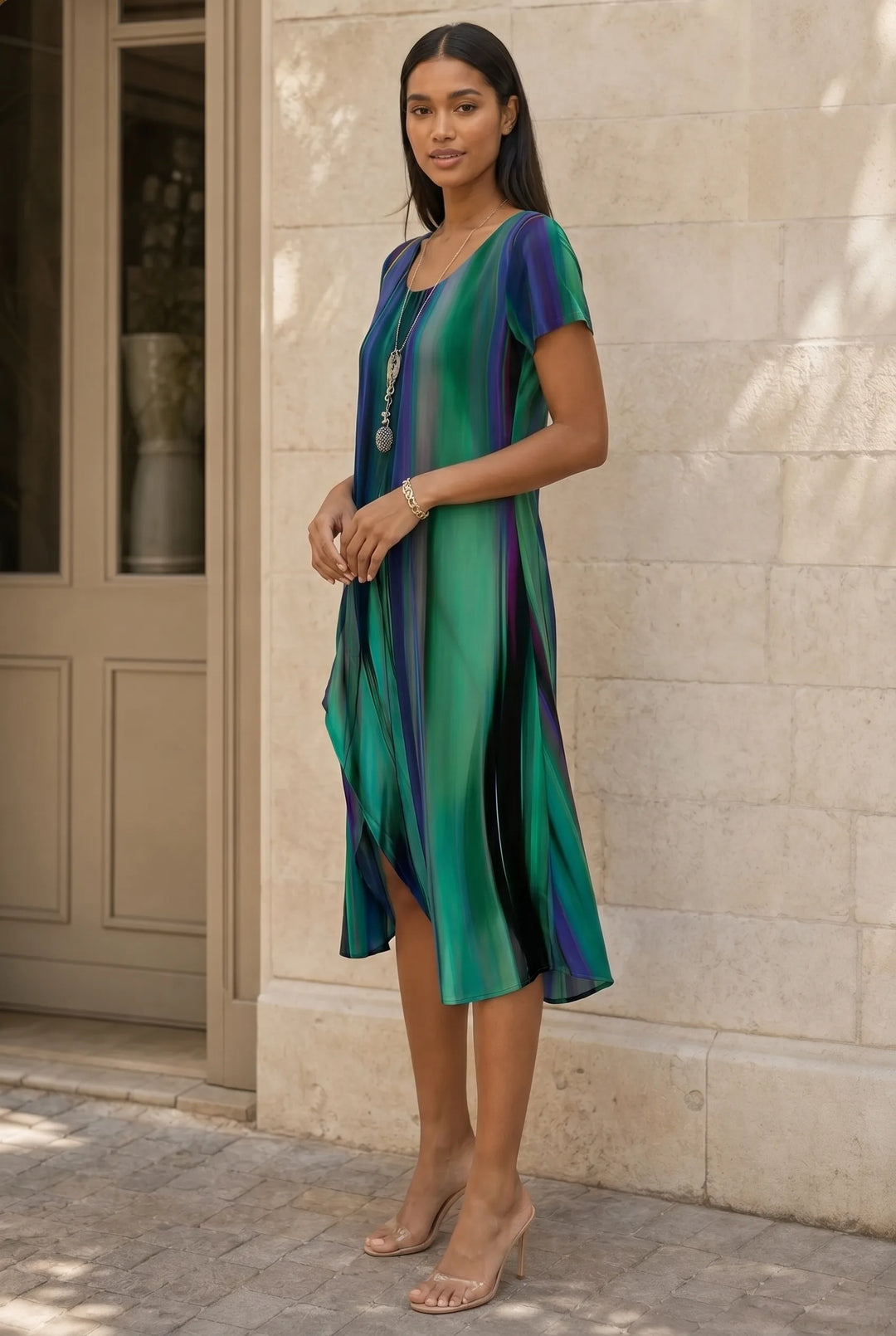 Striped asymmetric midi dress on a model in a three-quarter turn