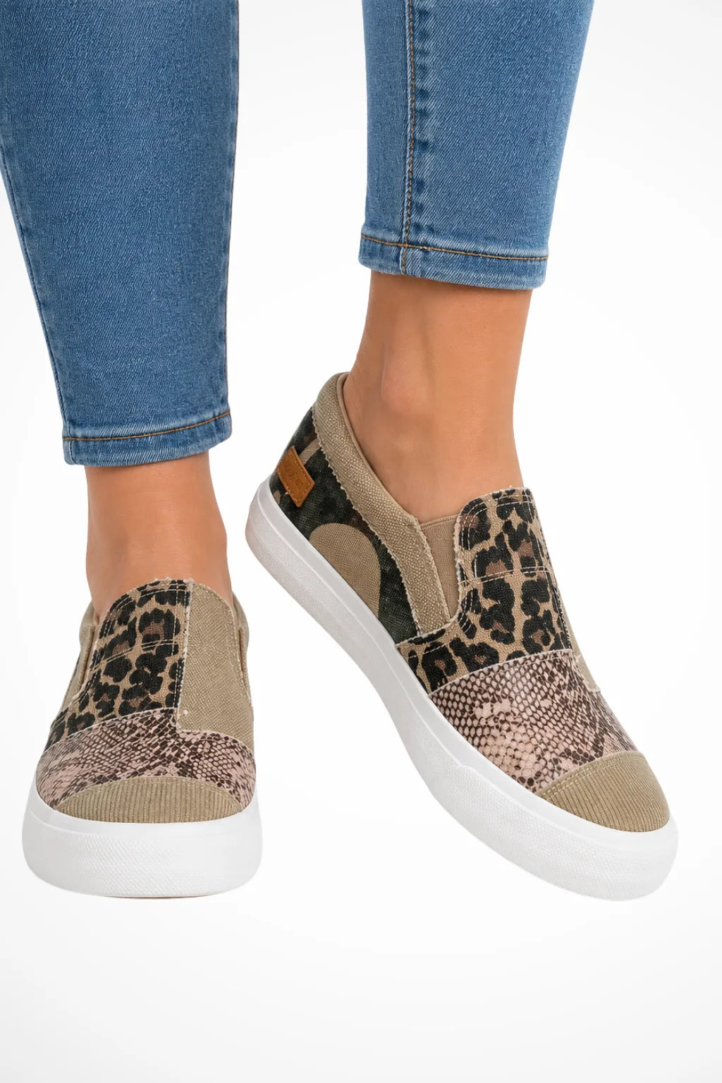 Khaki mixed print slip-on sneaker, front view