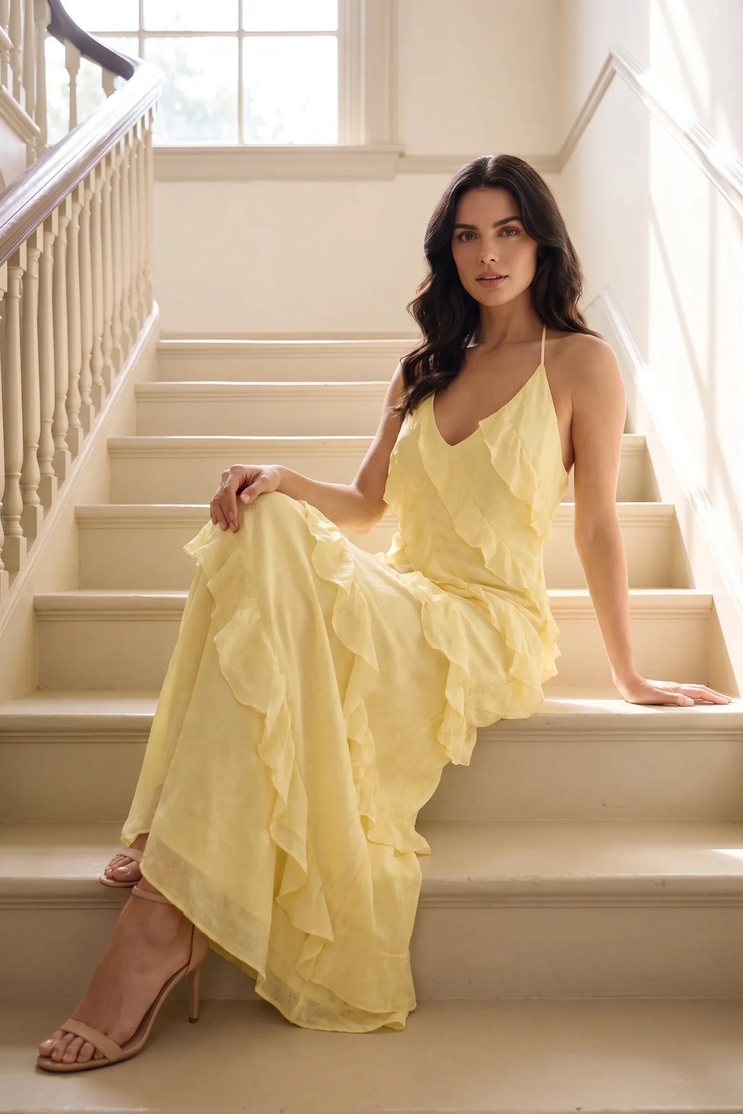 Model wearing a yellow tiered ruffle halter maxi dress in an outdoor lifestyle setting
