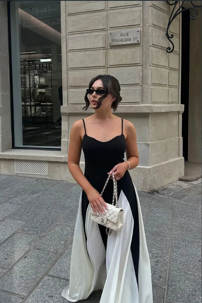 Black and white color block gown on model, full-length view