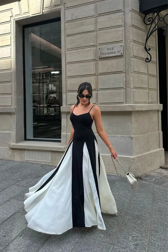 Black and white color block gown on model, full-length view