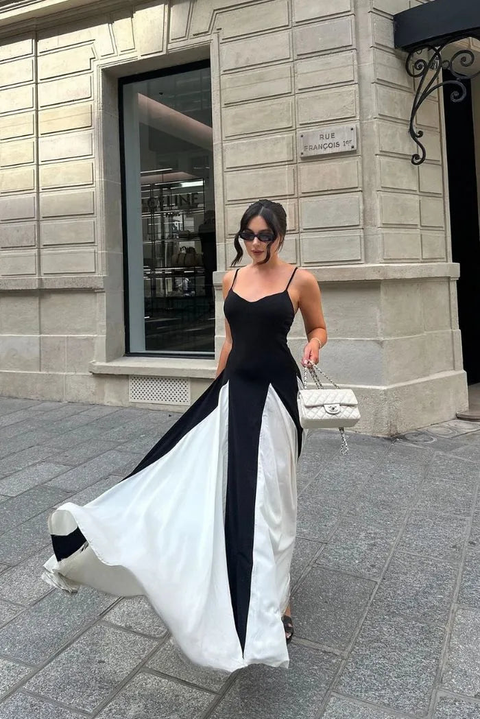 Black and white color block gown on model, full-length view