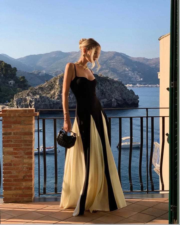 Black and white color block gown on model, full-length view