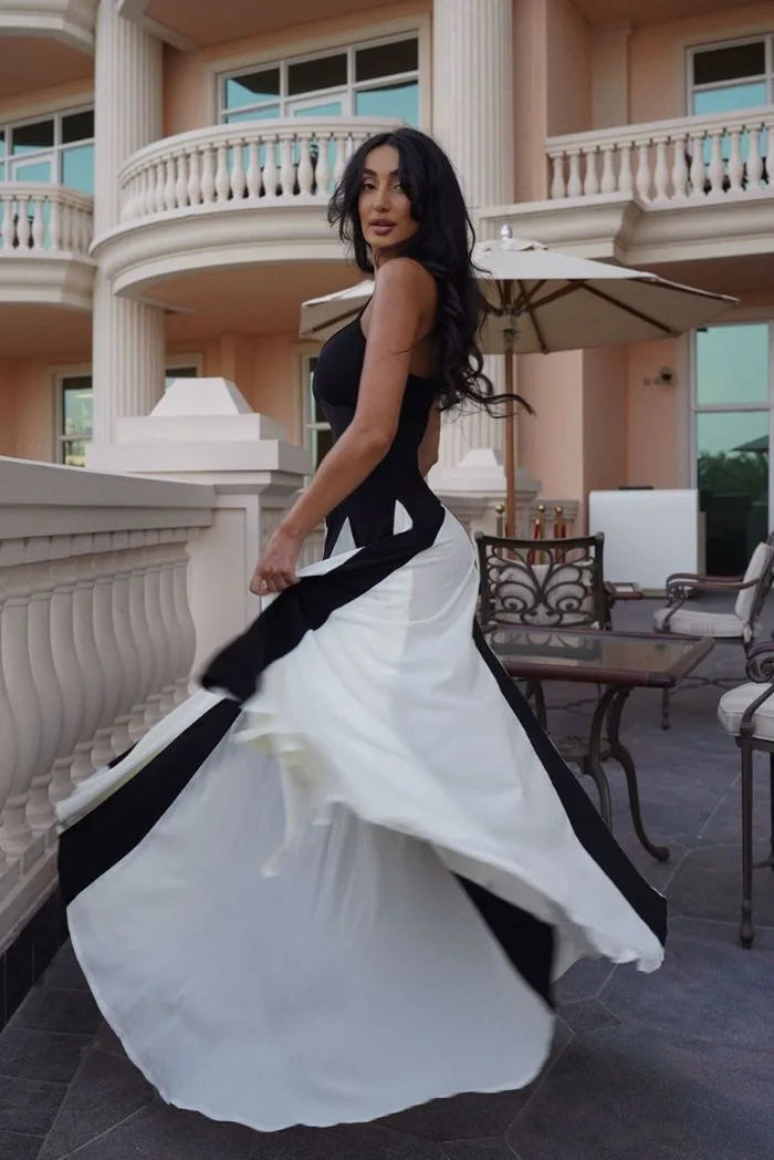 Black and white color block gown on model, full-length view