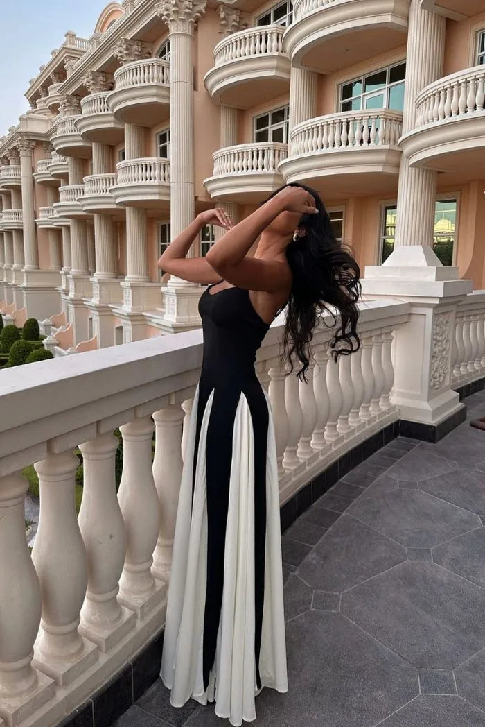 Black and white color block gown on model, full-length view