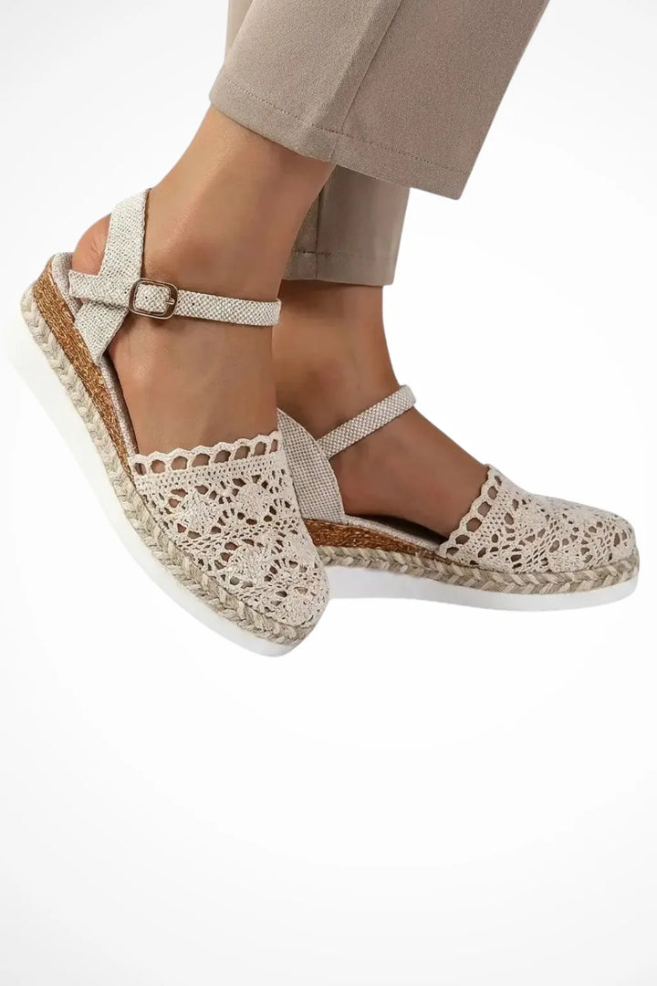 Beige crochet espadrille sandal with braided jute sole, front view