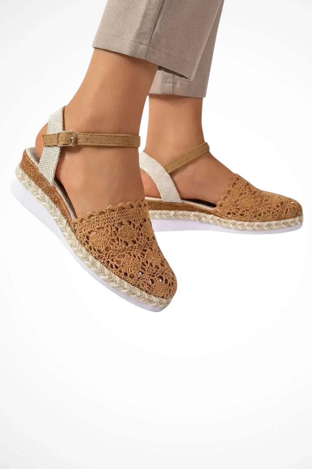 Dark brown crochet espadrille sandal with braided jute sole, front view