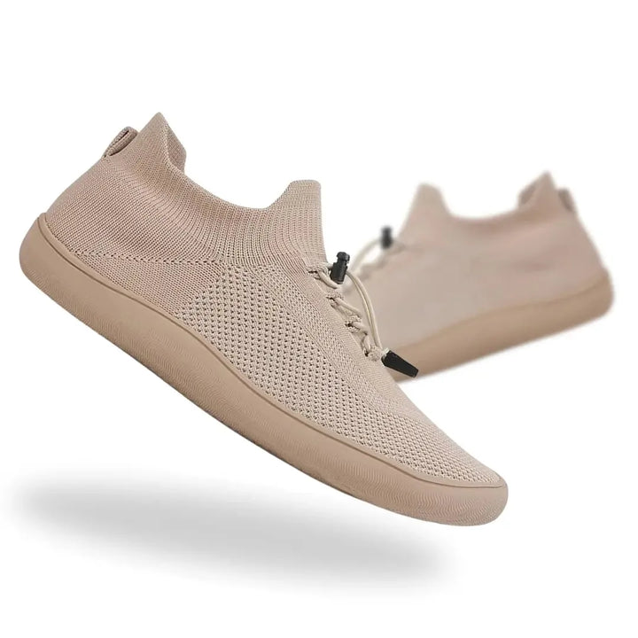 Beige barefoot knit sneaker, side profile view