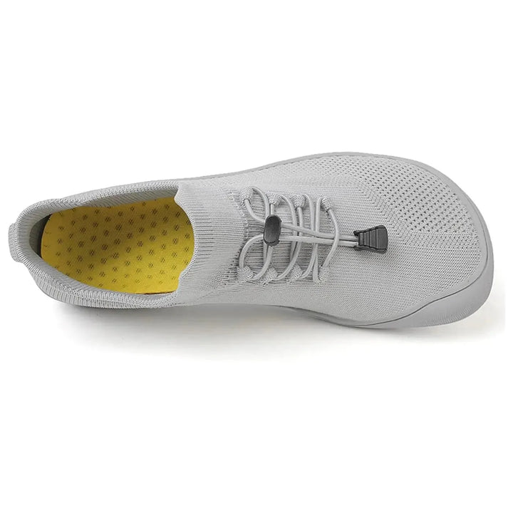Gray barefoot knit sneaker, heel view