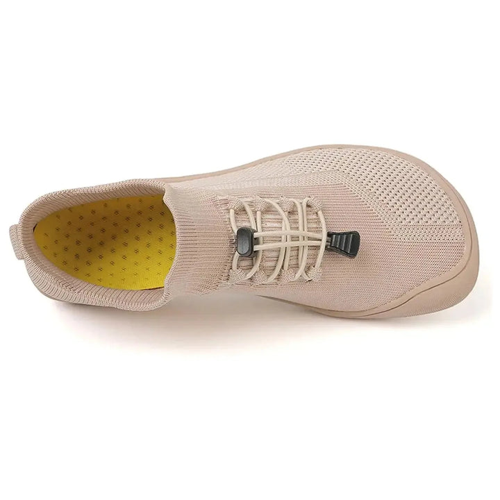 Gray barefoot knit sneaker, pair view from above