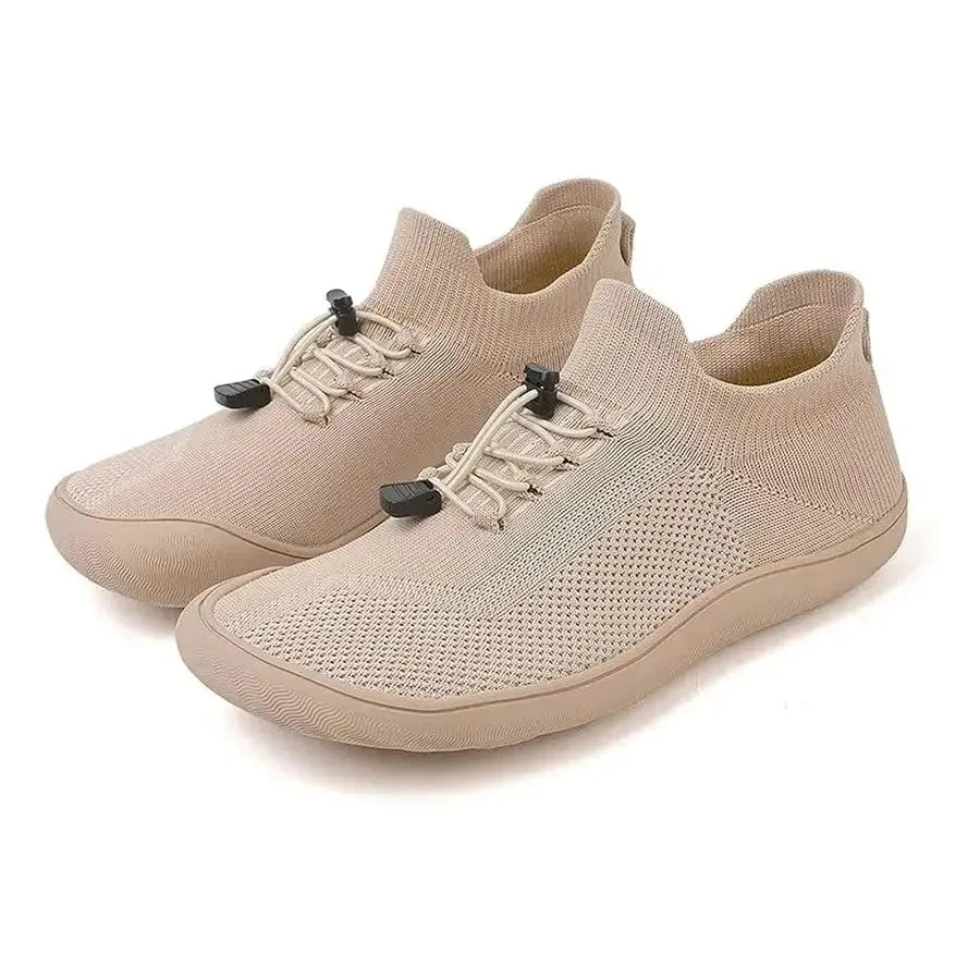 Gray barefoot knit sneaker, toe box detail view