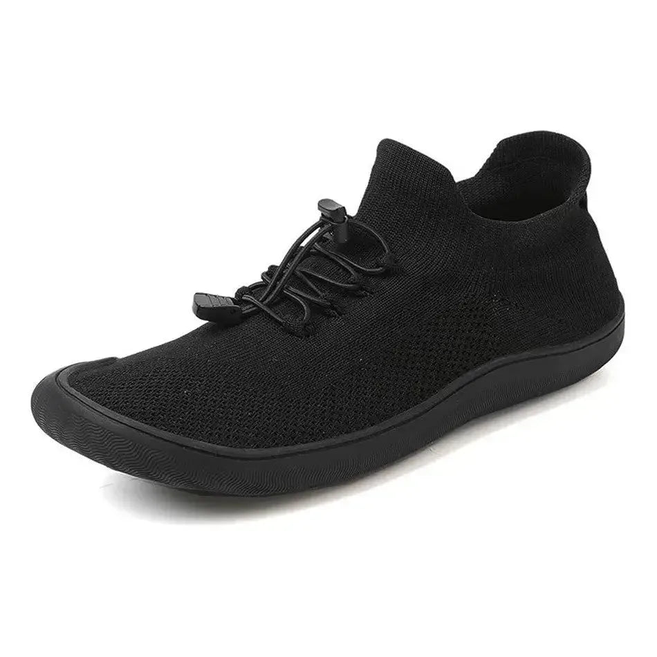 Gray barefoot knit sneaker, on-foot front view