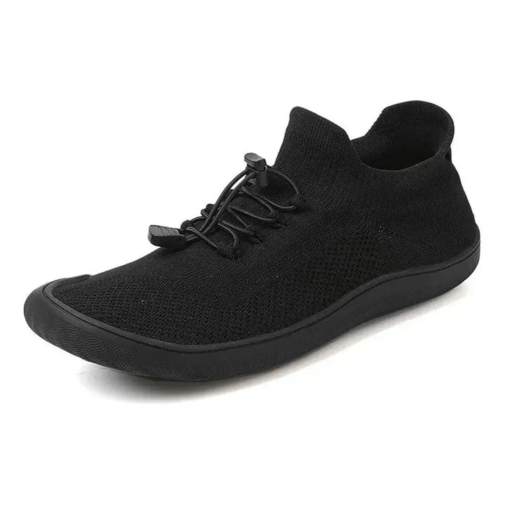 Gray barefoot knit sneaker, on-foot front view