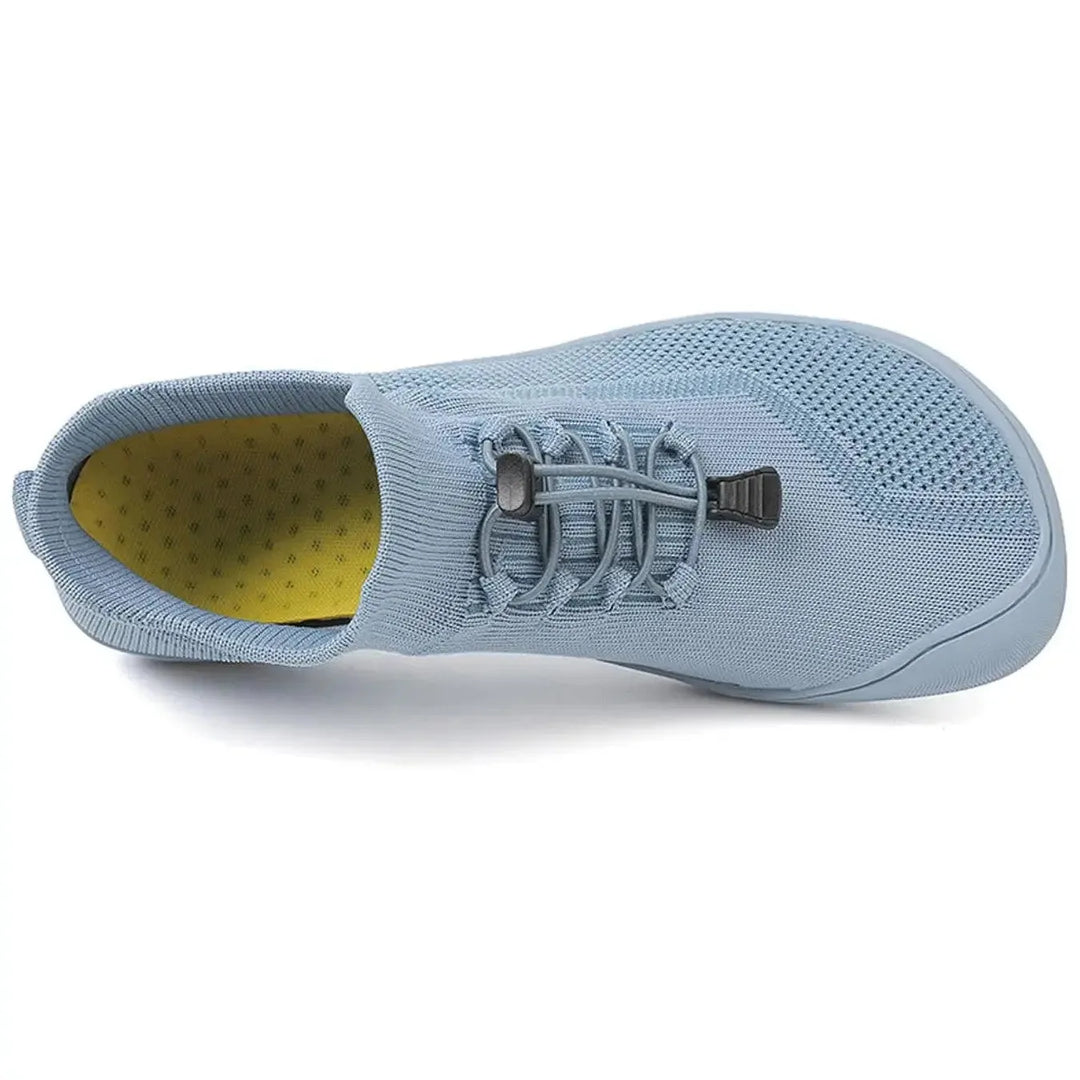 Gray barefoot knit sneaker, heel counter detail view