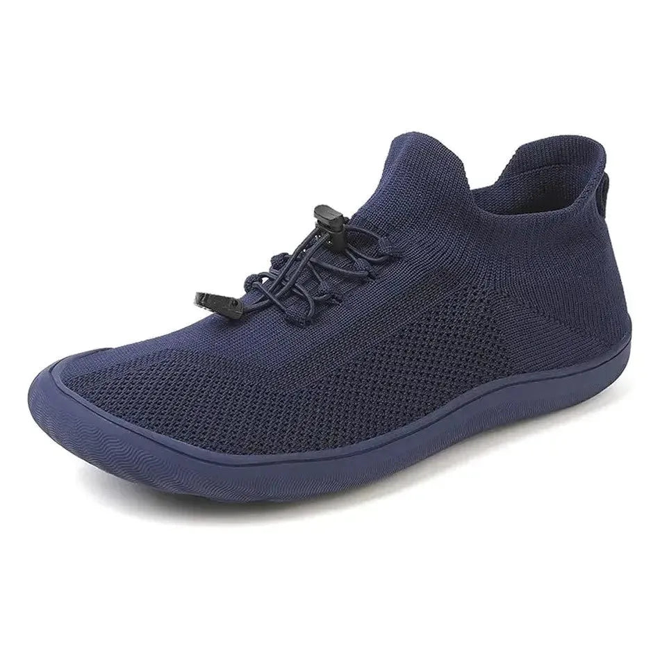 Gray barefoot knit sneaker, on-foot top-down view