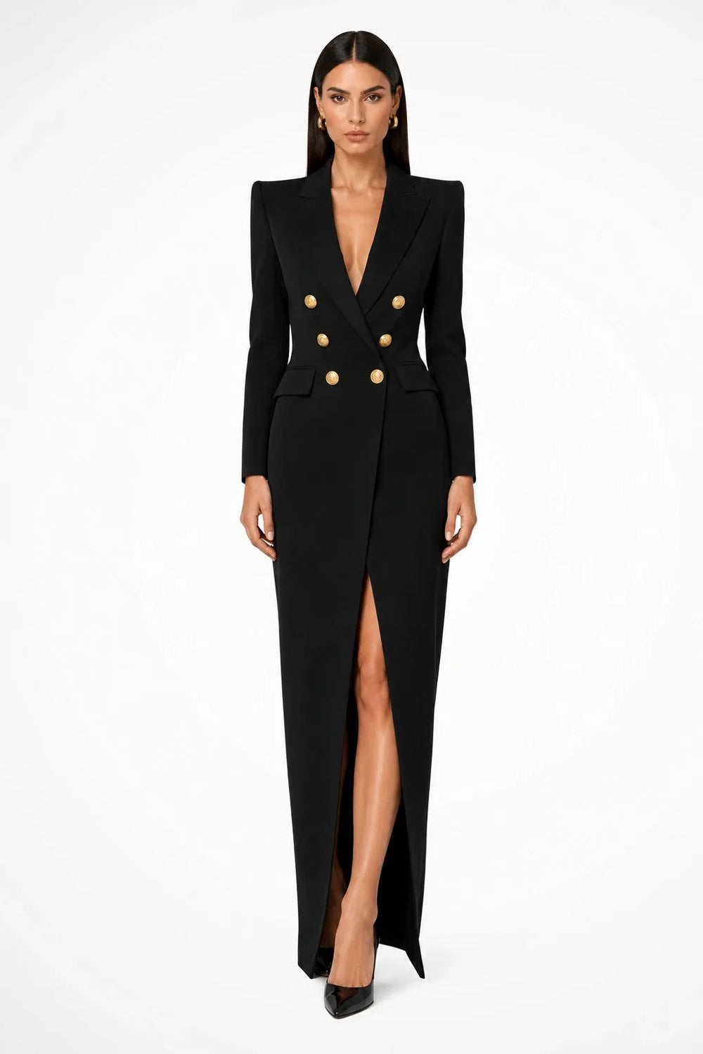 Black blazer maxi gown on model in contrapposto stance, structured lapels and floor-length silhouette