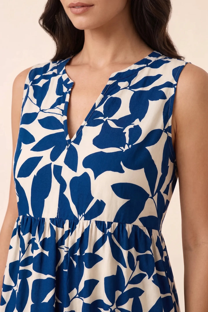 Close-up detail of blue floral tiered midi dress fabric and tiers