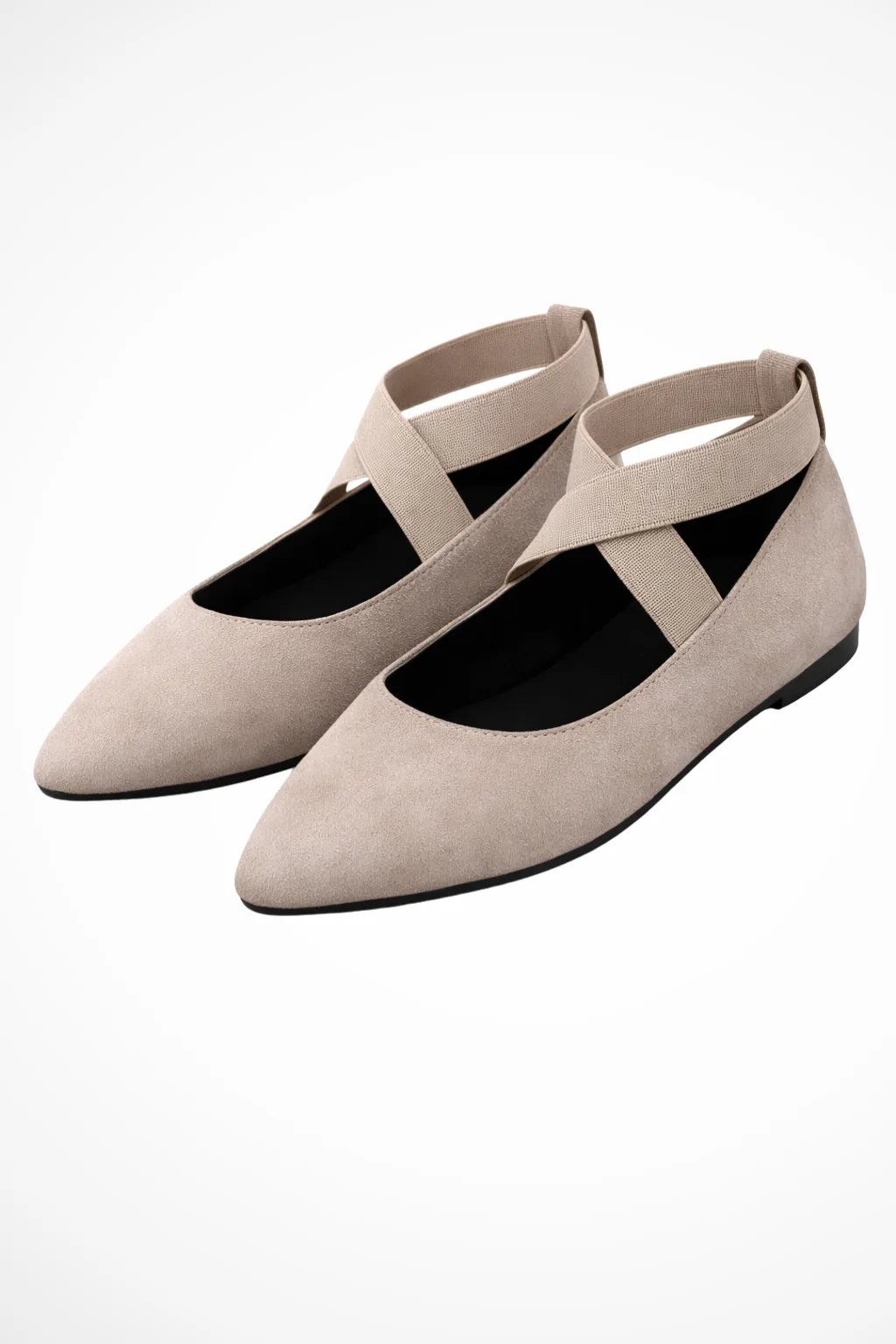 Beige cross strap ballet flat, front view showing toe and strap detail