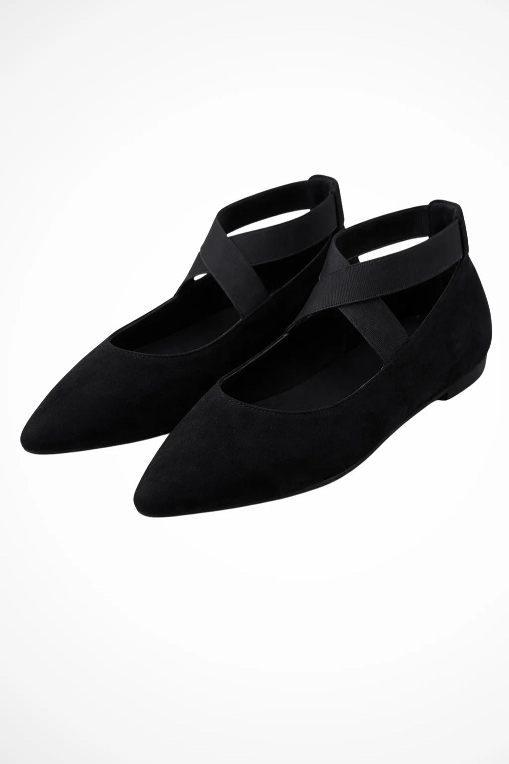 Black cross strap ballet flat, front view showing toe and strap detail