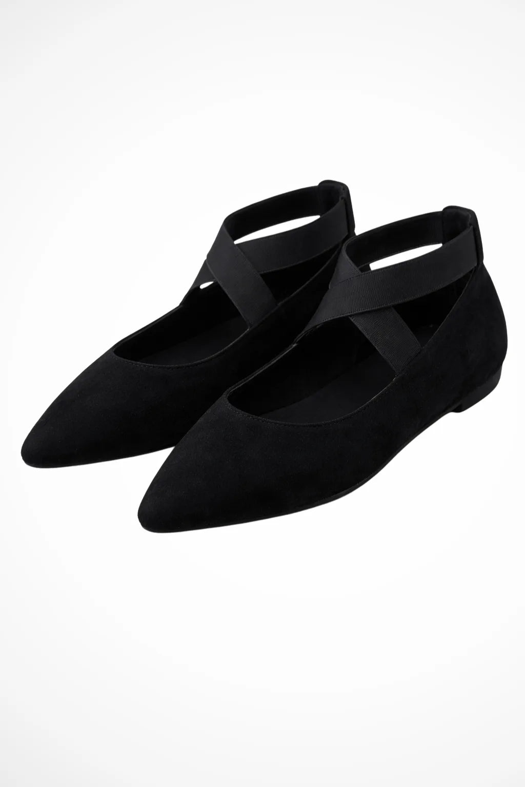 Black cross strap ballet flat, front view showing toe and strap detail