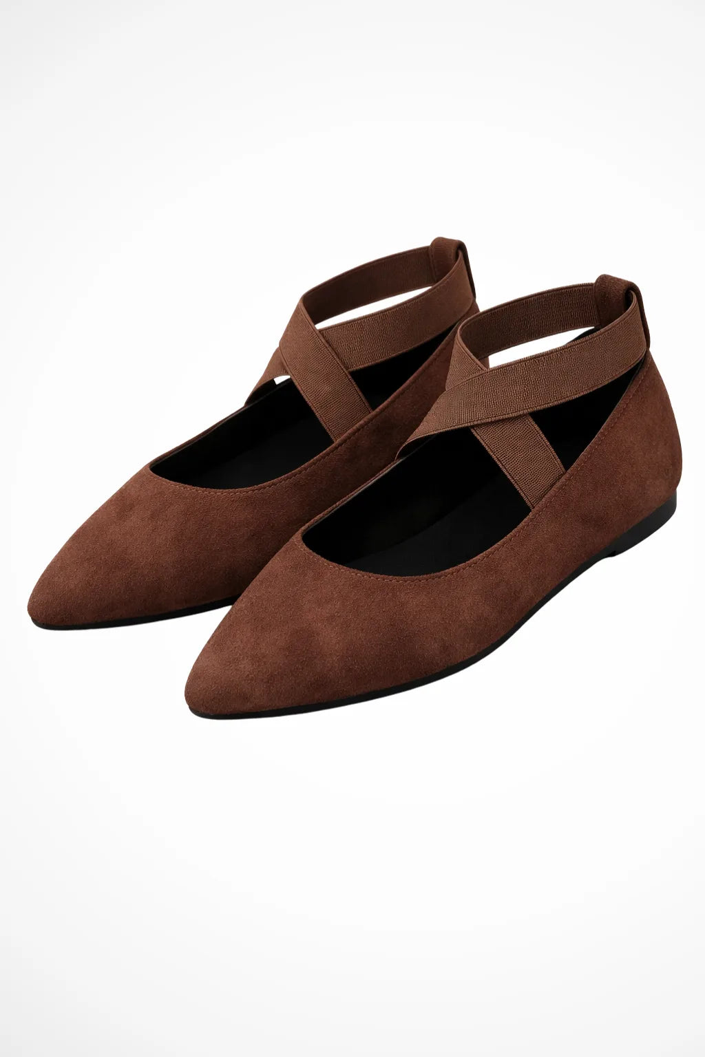 Brown cross strap ballet flat, front view showing toe and strap detail