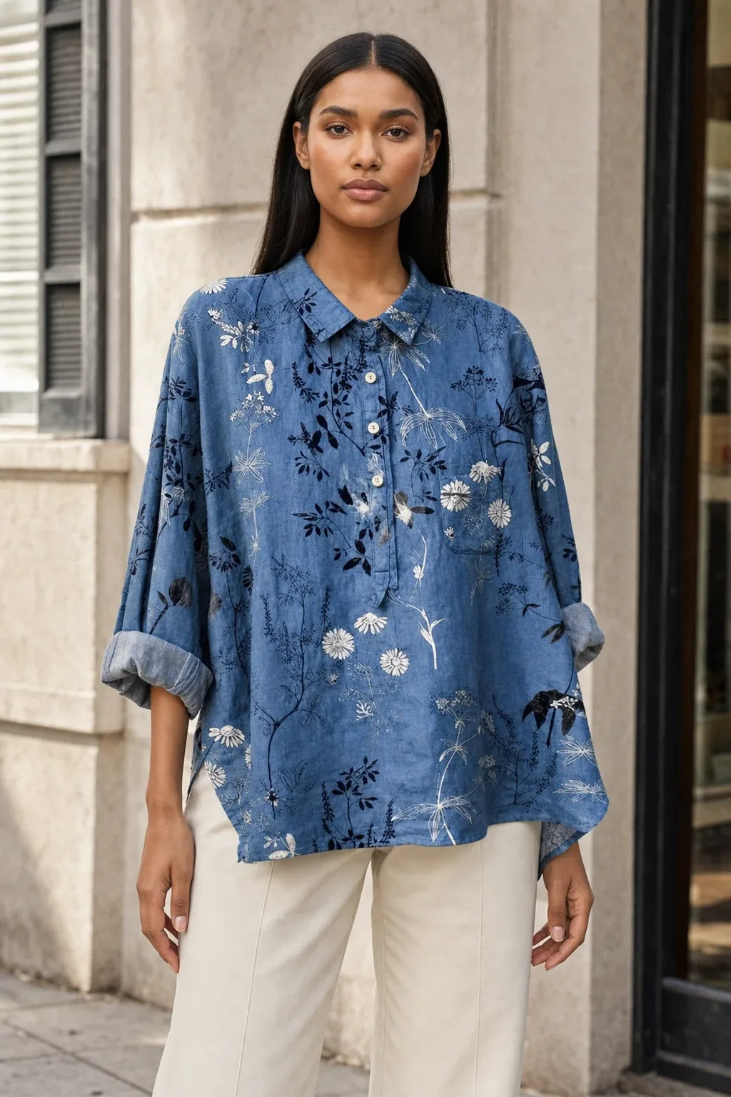 Floral print blouse in a tenth colorway on a model in a contrapposto stance